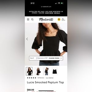 Madewell Size 0 Black Peplum Top